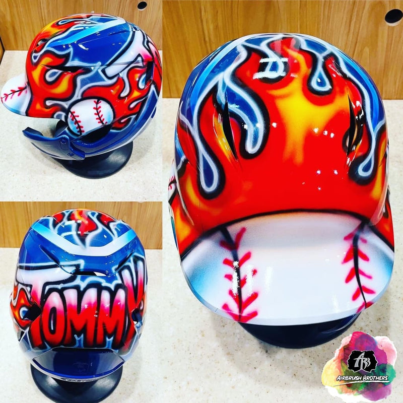 airbrush custom spray paint  Airbrush Baseball w/ Flames Design (Full Helmet) shirts hats shoes outfit  graffiti 90s 80s design t-shirts  AirbrushBrothers helmet