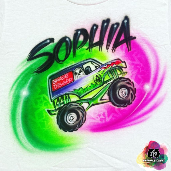 airbrush custom spray paint  Airbrush Grave Digger Shirt Design shirts hats shoes outfit  graffiti 90s 80s design t-shirts  Airbrush Brothers Shirt