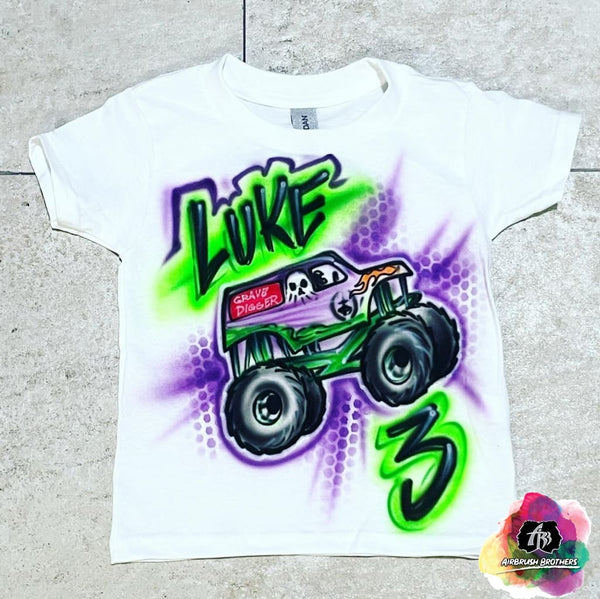 airbrush custom spray paint  Airbrush Grave Digger w/ Outline Shirt Design shirts hats shoes outfit  graffiti 90s 80s design t-shirts  Airbrush Brothers Shirt