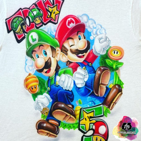 airbrush custom spray paint  Airbrush Mario & Luigi Cartoon Shirt Design shirts hats shoes outfit  graffiti 90s 80s design t-shirts  AirbrushBrothers Shirt