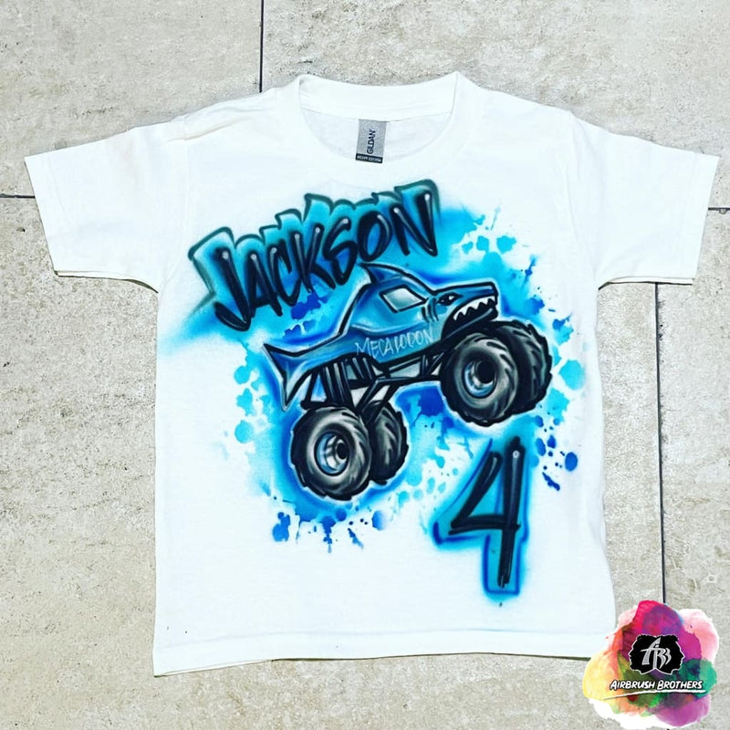 airbrush custom spray paint  Airbrush Megalodon Monster Truck Shirt Design shirts hats shoes outfit  graffiti 90s 80s design t-shirts  Airbrush Brothers Shirt