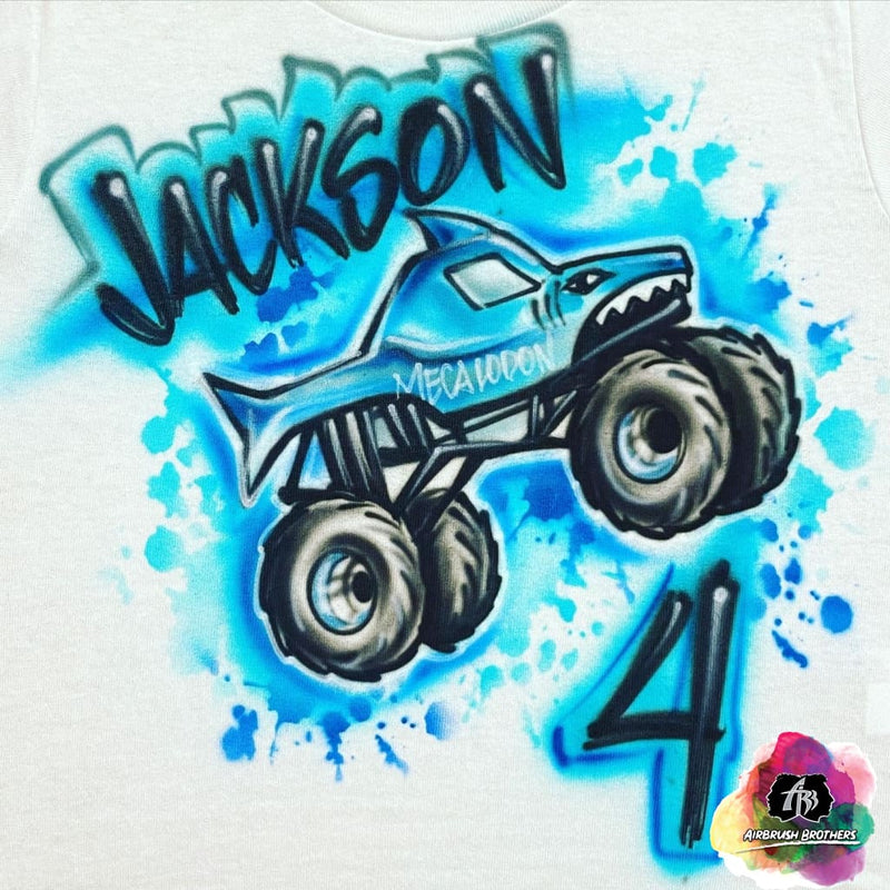 airbrush custom spray paint  Airbrush Megalodon Monster Truck Shirt Design shirts hats shoes outfit  graffiti 90s 80s design t-shirts  Airbrush Brothers Shirt