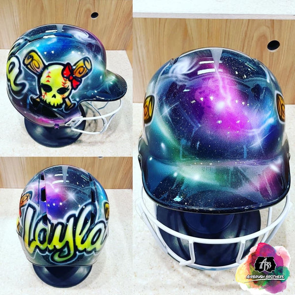 airbrush custom spray paint  Airbrush Softball Skull w/ Galaxy Design (Full Helmet) shirts hats shoes outfit  graffiti 90s 80s design t-shirts  AirbrushBrothers helmet