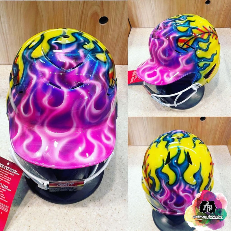 airbrush custom spray paint  Airbrush Softball w/ Flames Design (Full Helmet) shirts hats shoes outfit  graffiti 90s 80s design t-shirts  AirbrushBrothers helmet