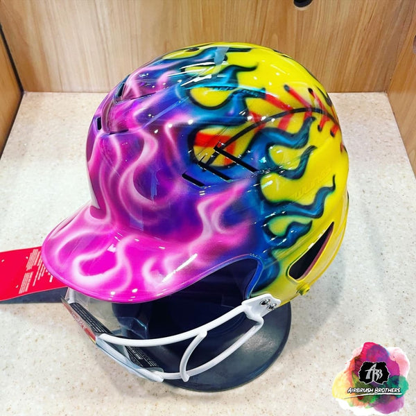 airbrush custom spray paint  Airbrush Softball w/ Flames Design (Full Helmet) shirts hats shoes outfit  graffiti 90s 80s design t-shirts  AirbrushBrothers helmet