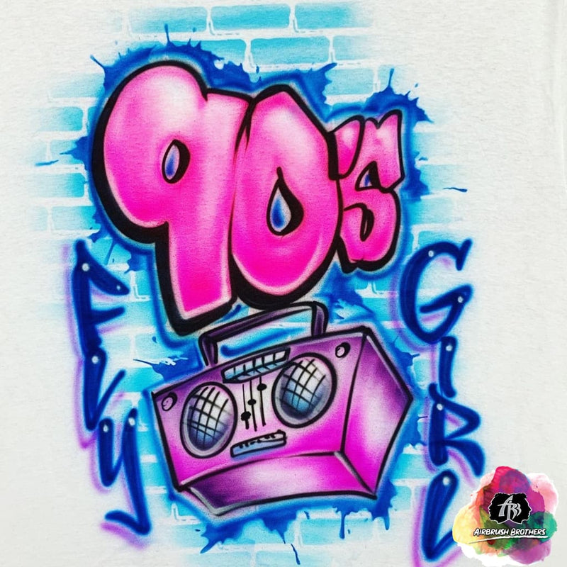 airbrush custom spray paint  Airbrush 90's Fly Girl w/ Boombox Shirt Design shirts hats shoes outfit  graffiti 90s 80s design t-shirts  Airbrush Brothers Shirt