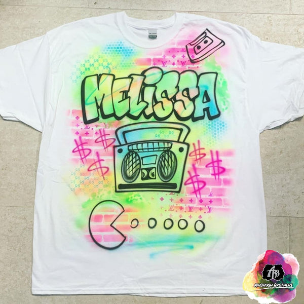 airbrush custom spray paint  Airbrush 90's Pac-Man Shirt Design shirts hats shoes outfit  graffiti 90s 80s design t-shirts  Airbrush Brothers Shirt