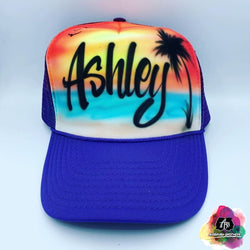 airbrush custom spray paint  Airbrush Beach with Red Sunset Hat Design shirts hats shoes outfit  graffiti 90s 80s design t-shirts  Airbrush Brothers Hats