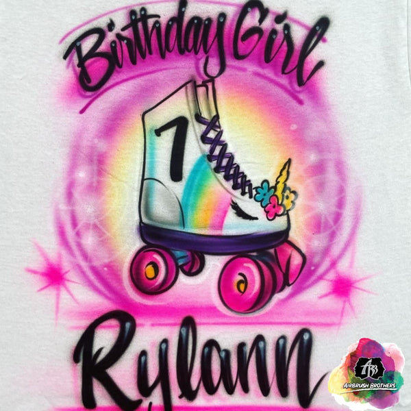 airbrush custom spray paint  Airbrush Birthday Girl w/ Skates Design shirts hats shoes outfit  graffiti 90s 80s design t-shirts  Airbrush Brothers Shirt