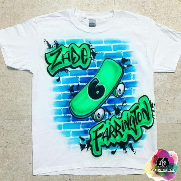 airbrush custom spray paint  Airbrush Boy Birthday Skateboard Design shirts hats shoes outfit  graffiti 90s 80s design t-shirts  Airbrush Brothers Shirt