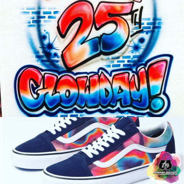 airbrush custom spray paint  Airbrush Glowday Birthday Shirt Design shirts hats shoes outfit  graffiti 90s 80s design t-shirts  Airbrush Brothers Shirt