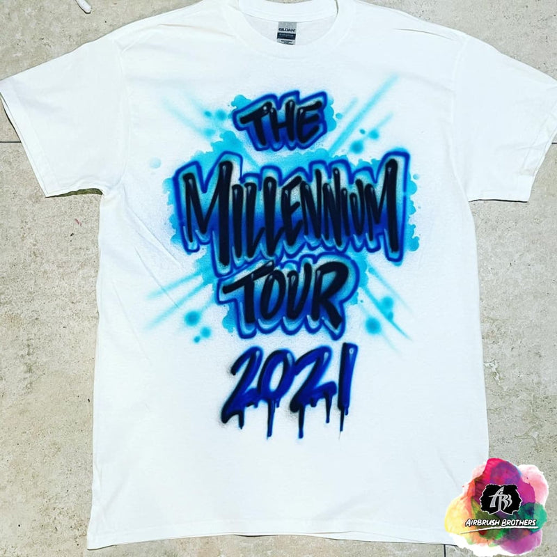 airbrush custom spray paint  Airbrush Millennium Tour Blue Splatter Shirt Design shirts hats shoes outfit  graffiti 90s 80s design t-shirts  Airbrush Brothers Shirt