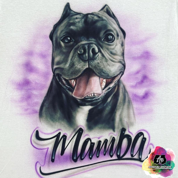 airbrush custom spray paint  Airbrush Pet Portrait with Purple Clouds Design shirts hats shoes outfit  graffiti 90s 80s design t-shirts  Airbrush Brothers Shirt