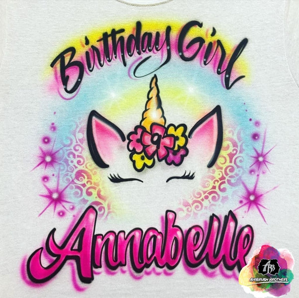 airbrush custom spray paint  Airbrush Unicorn Birthday Girl w/ Name Design shirts hats shoes outfit  graffiti 90s 80s design t-shirts  Airbrush Brothers Shirt